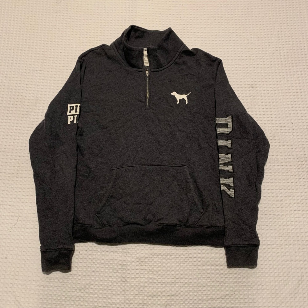 Victoria's Secret PINK Quarter Zip Pullover Sweatshirt Gray Logo XS